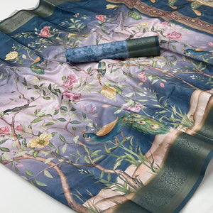 Charming Blue Weaving Silk Blend Saree Adorned With Floral & Peacock Digital Prints