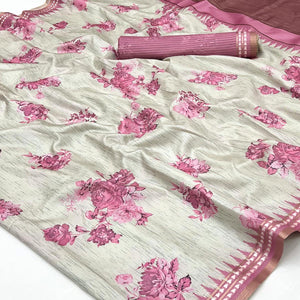 Charming Pink Silk Blend Saree Featuring Floral Digital Prints & Zari Border