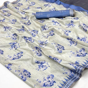 Charming Blue Silk Blend Saree Featuring Floral Digital Prints & Zari Border