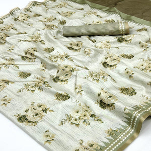 Charming Green Silk Blend Saree Featuring Floral Digital Prints & Zari Border