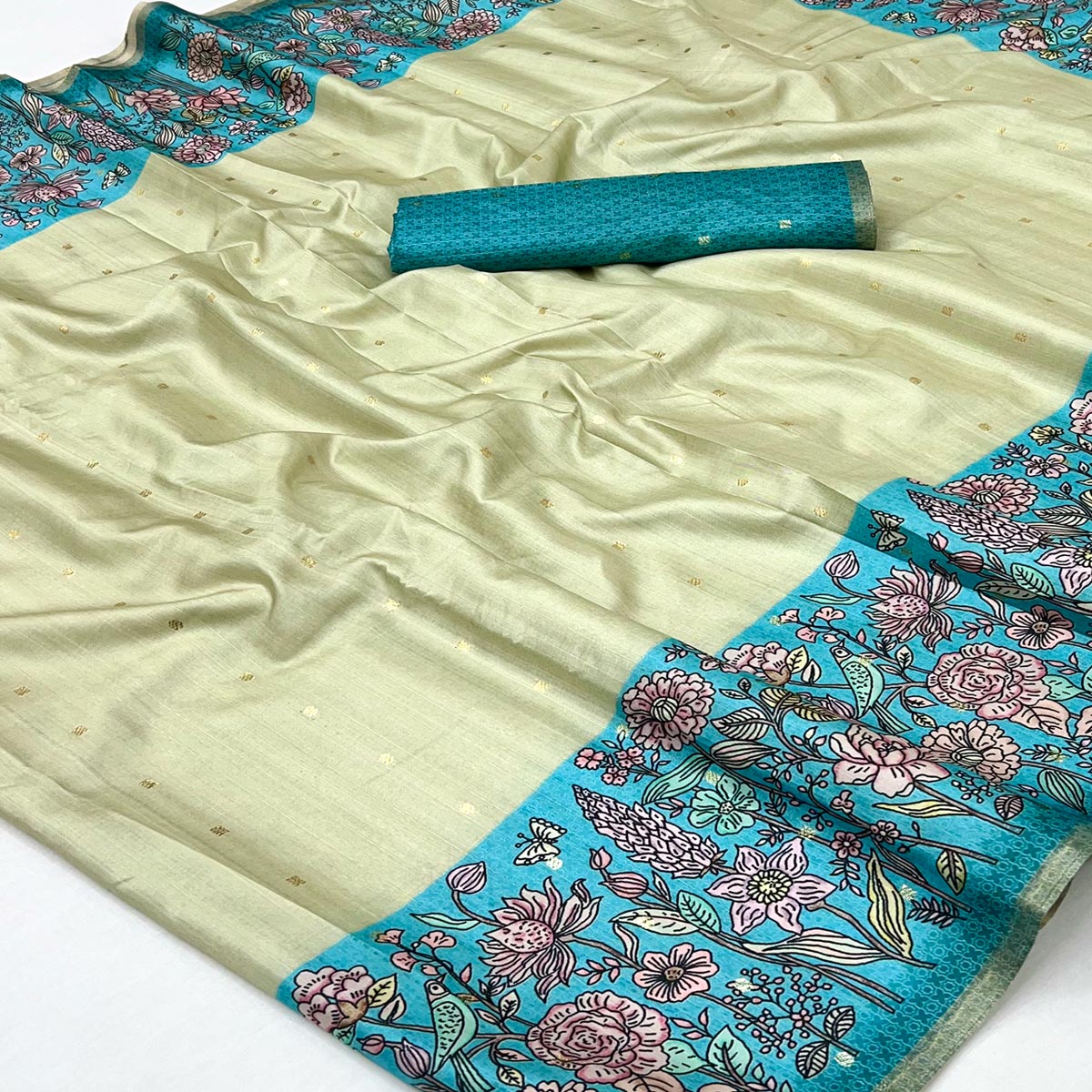 Majestic Chikoo & Blue Silk Blend Saree Enhanced With Floral Prints & Weaving Work