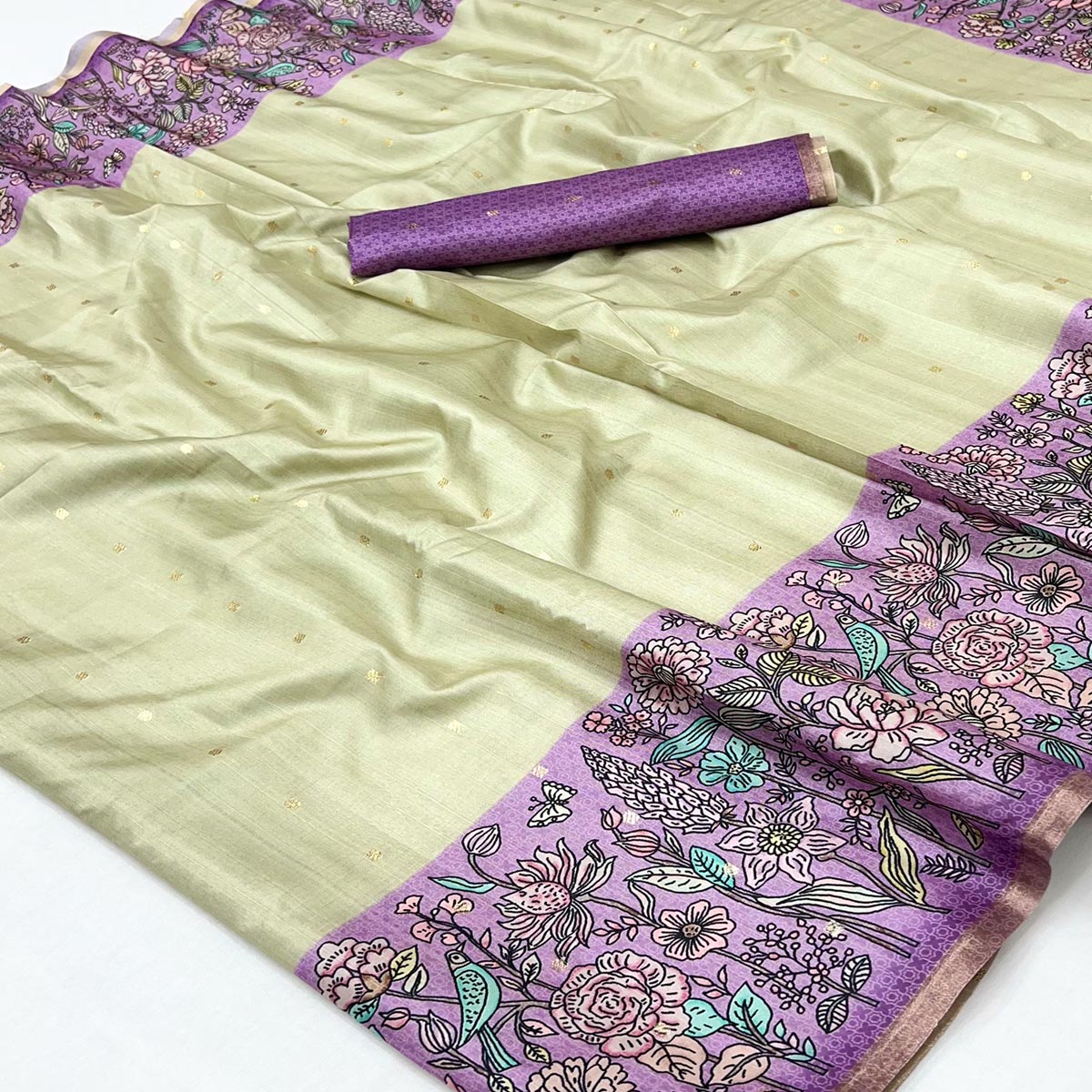 Majestic Chikoo & Purple Silk Blend Saree Enhanced With Floral Prints & Weaving Work