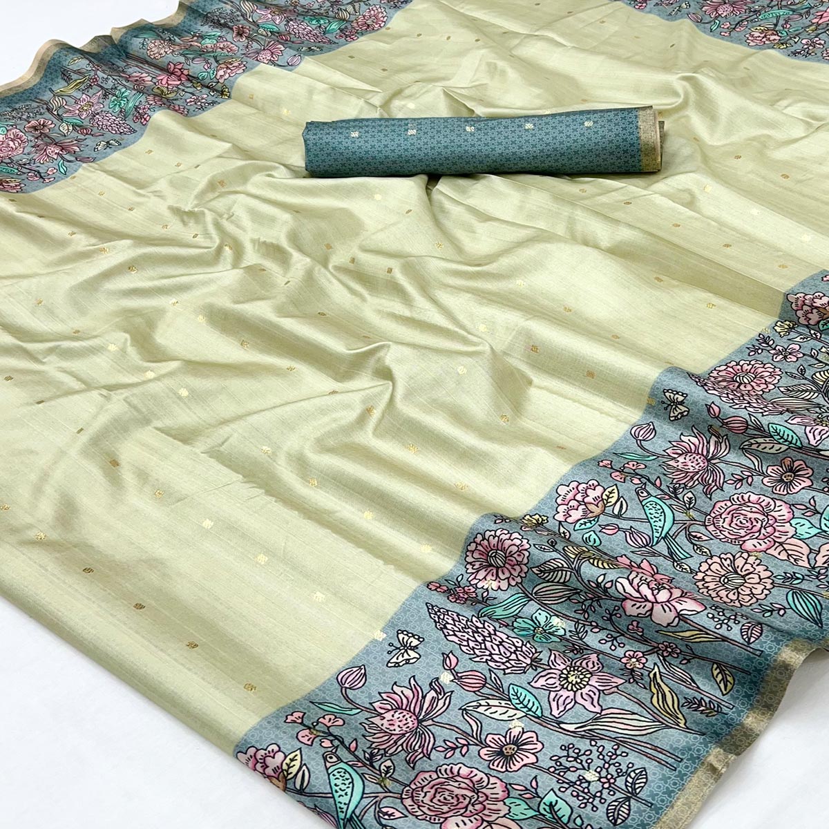Majestic Chikoo & Teal Silk Blend Saree Enhanced With Floral Prints & Weaving Work