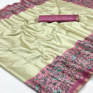 Majestic Chikoo & Pink Silk Blend Saree Enhanced With Floral Prints & Weaving Work