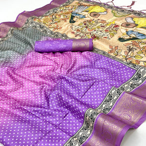 Purple Bandhani Digital Printed Silk Blend Weaving Saree With Artistic Madhubani Pallu With Tassel