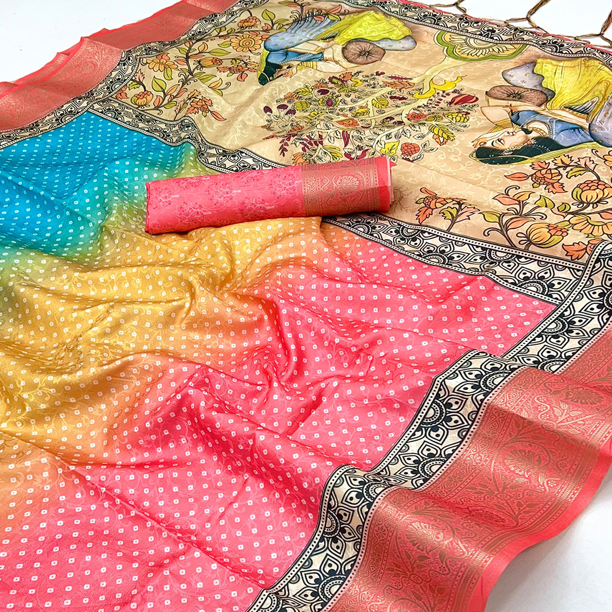 Coral Pink Bandhani Digital Printed Silk Blend Weaving Saree With Madhubani Pallu With Tassel