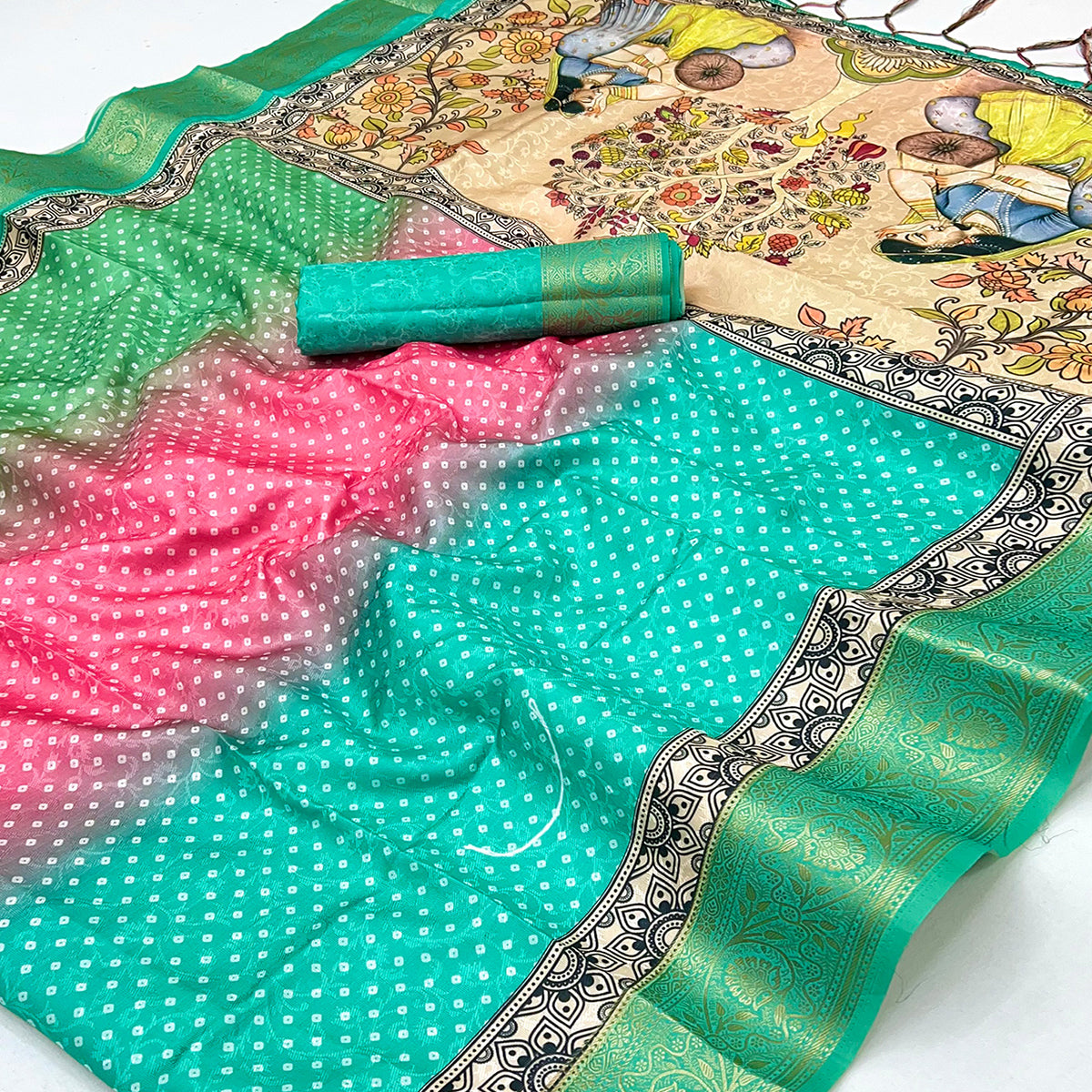 Rama Green Bandhani Digital Printed Silk Blend Weaving Saree With Madhubani Pallu With Tassel