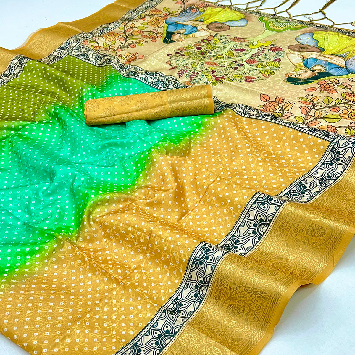 Mustard Bandhani Digital Printed Silk Blend Weaving Saree With Artistic Madhubani Pallu With Tassel