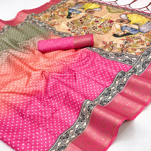 Rani Pink Bandhani Digital Printed Silk Blend Weaving Saree With Madhubani Pallu With Tassel