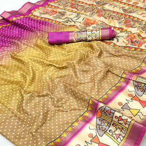 Magenta Traditional Bandhani & Warli Digital Printed Silk Blend Saree With Weaving Border