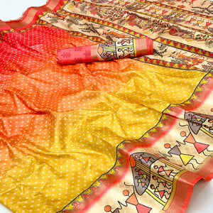 Coral Red Traditional Bandhani & Warli Digital Printed Silk Blend Saree With Weaving Border