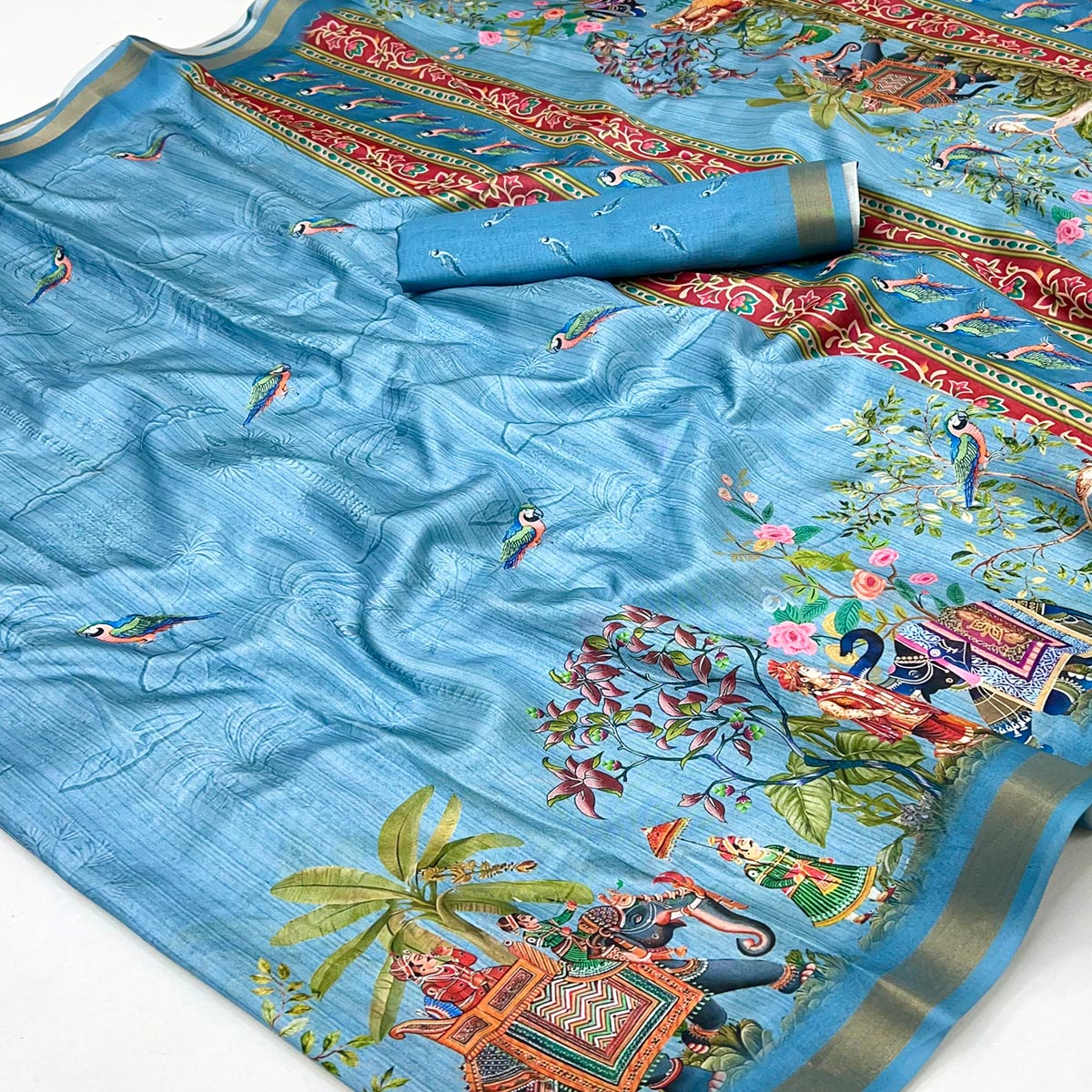 Blue Dola Silk Saree With Majestic Elephant & Vibrant Peacock Digital Prints