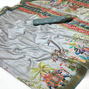 Grey Dola Silk Saree With Majestic Elephant & Vibrant Peacock Digital Prints