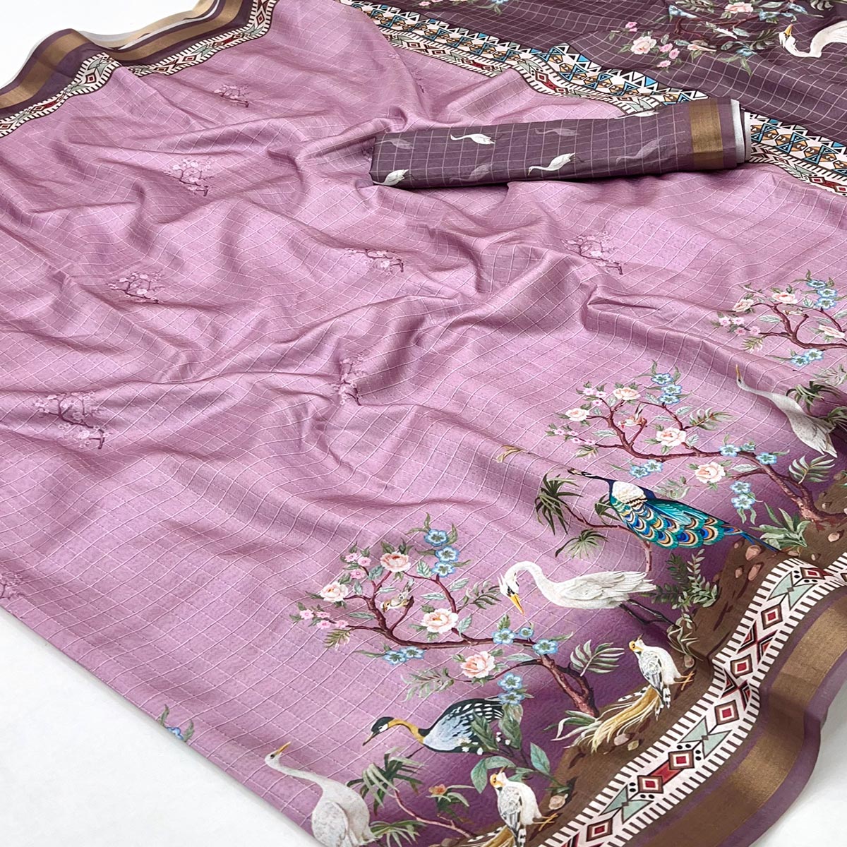 Purple Digital Printed Dola Silk Saree With Royal Floral & Peacock Motifs