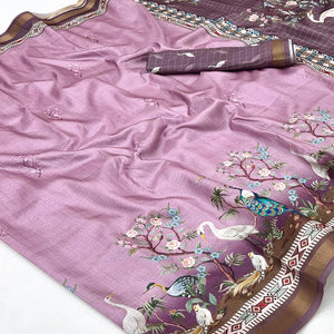 Purple Digital Printed Dola Silk Saree With Royal Floral & Peacock Motifs