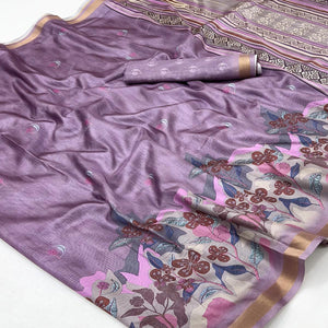 Ethereal Lavender Floral Digital Printed Dola Silk Saree With Zari Border