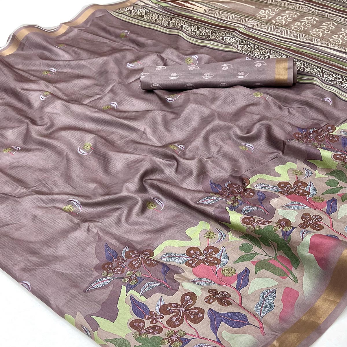 Ethereal Taupe Floral Digital Printed Dola Silk Saree With Zari Border