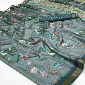 Grey Floral & Bird Digital Printed Dola Silk Saree With Elegant Zari Border