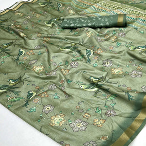 Green Floral & Bird Digital Printed Dola Silk Saree With Elegant Zari Border