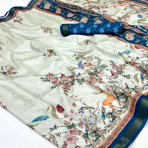 Pastel Green Majestic Floral & Birds Digital Printed Dola Silk Saree With Refined Zari Border