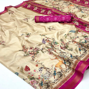 Chikoo Majestic Floral & Birds Digital Printed Dola Silk Saree With Refined Zari Border