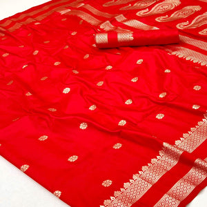Red Ornate Floral Zari Weaving Work Silk Blend Saree With Festive Shine