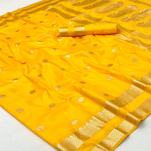 Yellow Ornate Floral Zari Weaving Work Silk Blend Saree With Festive Shine
