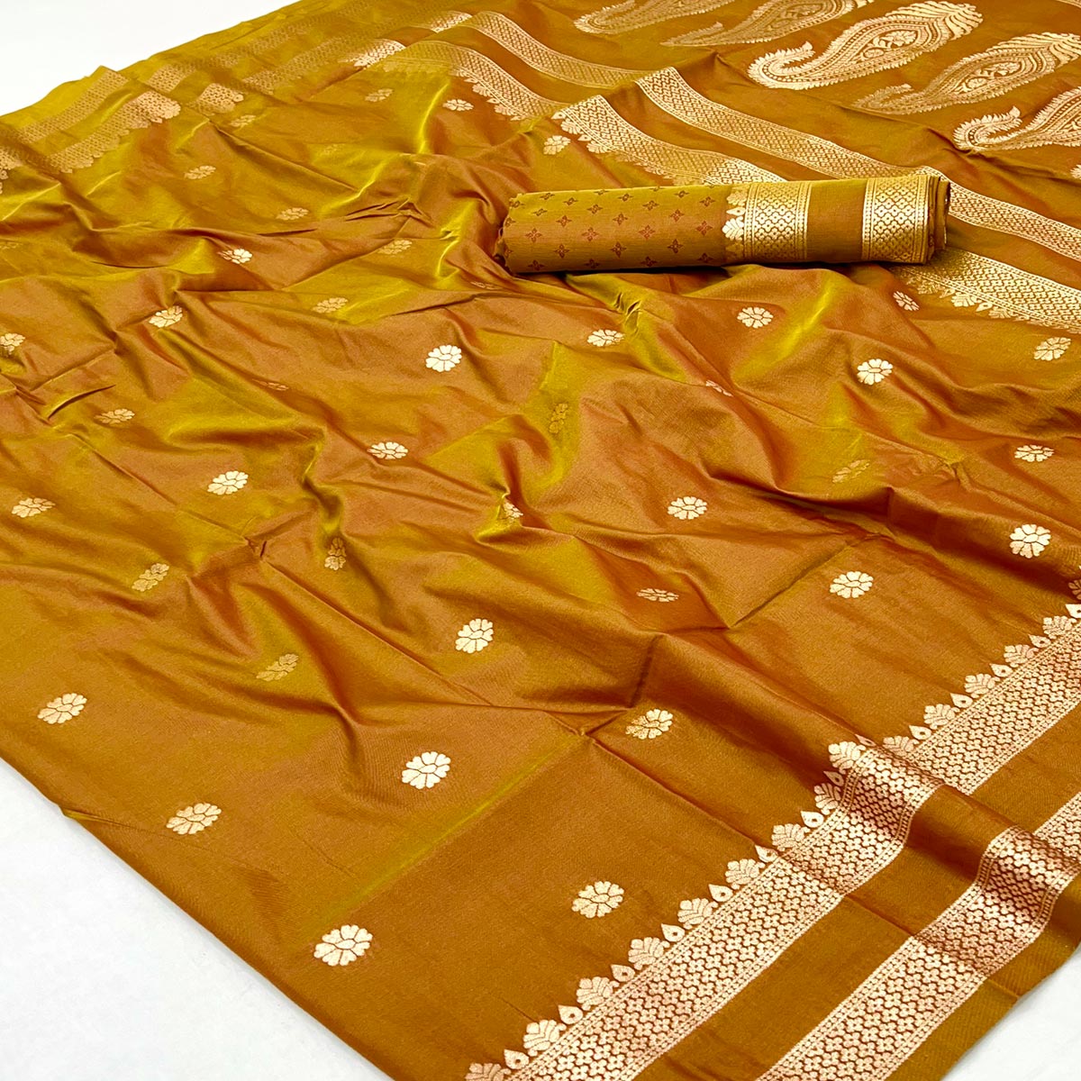 Mustard Ornate Floral Zari Weaving Work Silk Blend Saree With Festive Shine