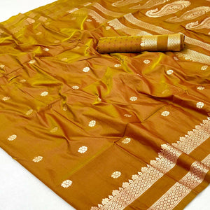 Mustard Ornate Floral Zari Weaving Work Silk Blend Saree With Festive Shine