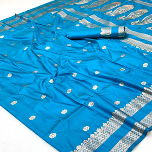 Blue Ornate Floral Zari Weaving Work Silk Blend Saree With Festive Shine