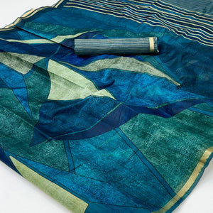 Teal Contemporary Geometric Digital Printed Viscose Saree With Gleaming Zari Border