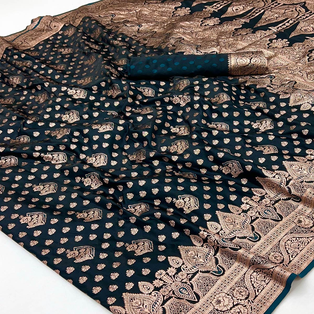 Morpich Blue Classic Floral Zari Weaving Satin Silk Saree With Sophisticated Drape