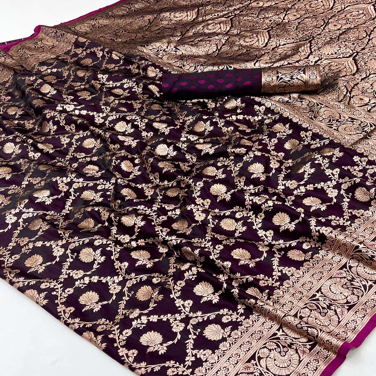 Wine Classic Floral Zari Weaving Satin Silk Saree With Sophisticated Drape