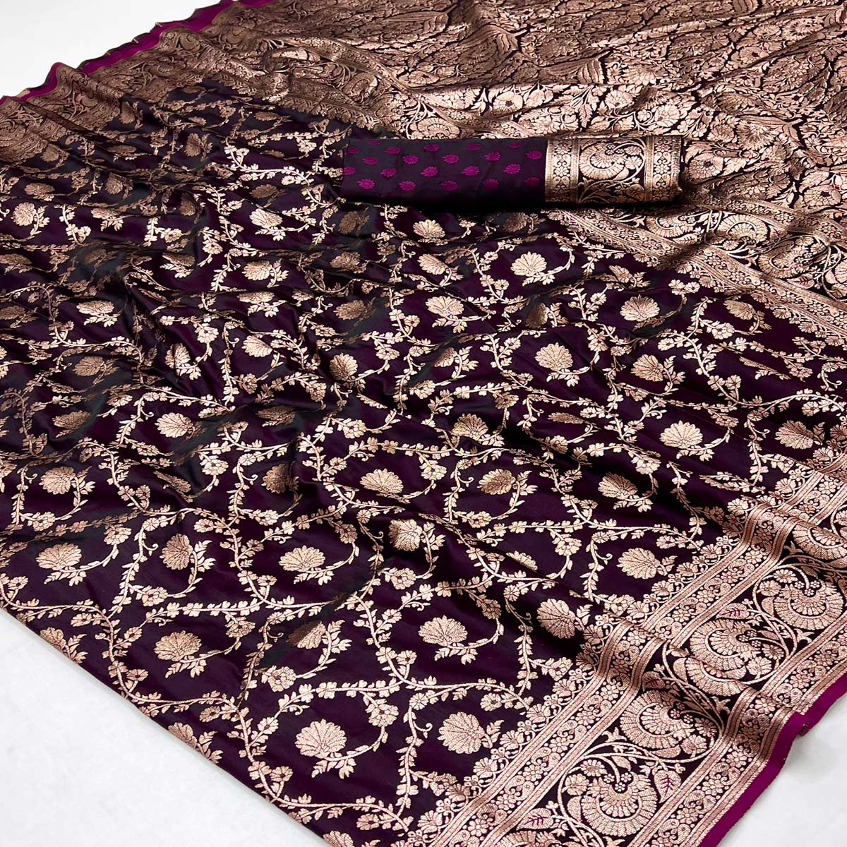 Wine Classic Floral Zari Weaving Satin Silk Saree With Sophisticated Drape