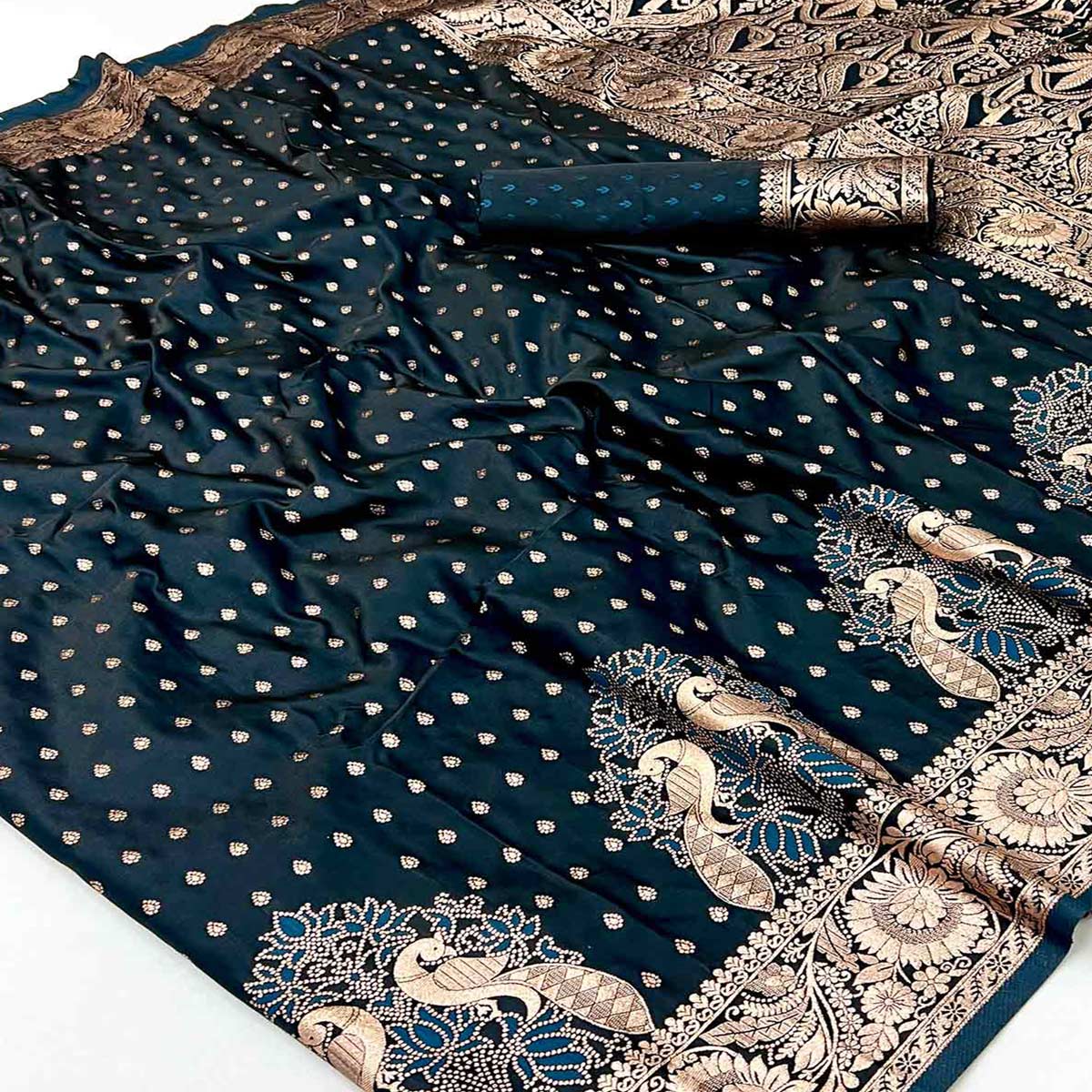 Dark Teal Classic Floral Zari Weaving Satin Silk Saree With Sophisticated Drape