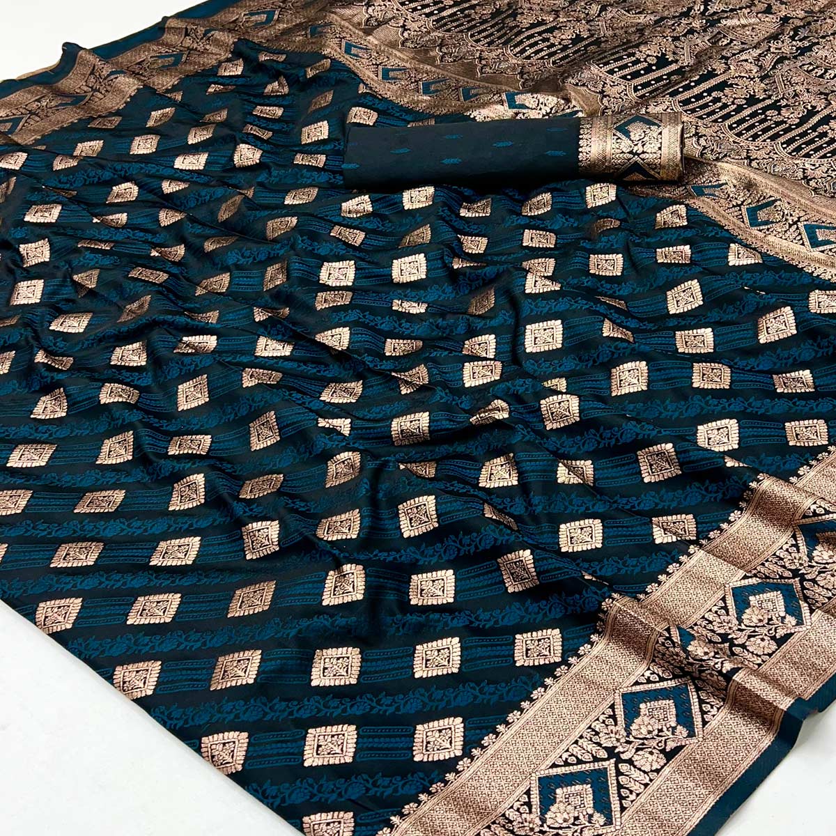 Dark Teal Classic Floral & Peacock Zari Weaving Satin Silk Saree With Sophisticated Drape