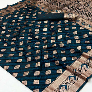 Dark Teal Classic Floral & Peacock Zari Weaving Satin Silk Saree With Sophisticated Drape