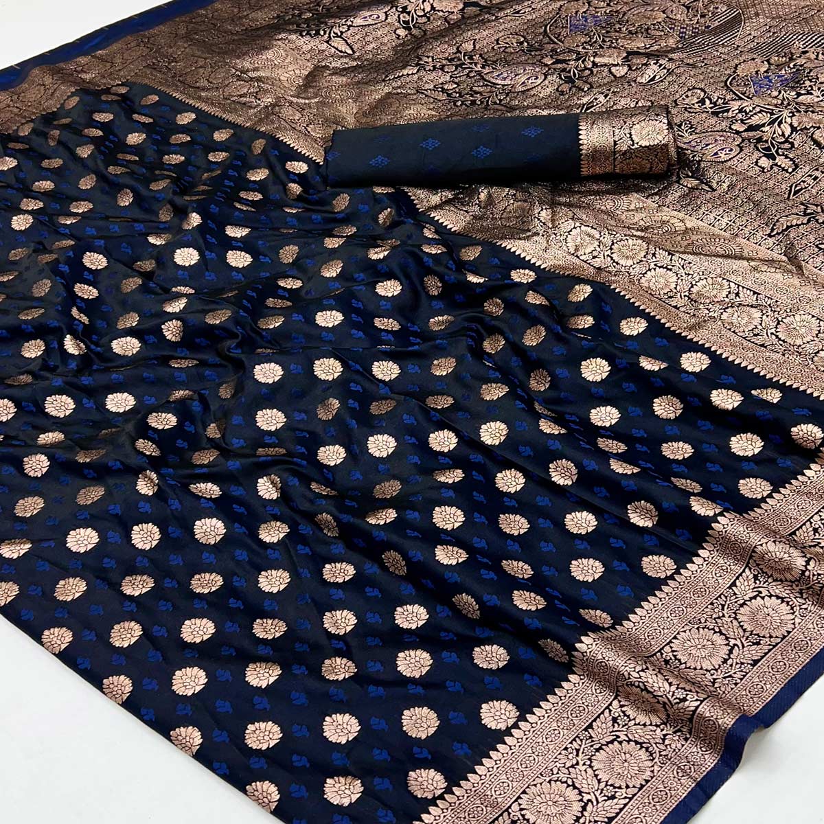 Navy Blue Classic Floral Zari Weaving Satin Silk Saree With Sophisticated Drape
