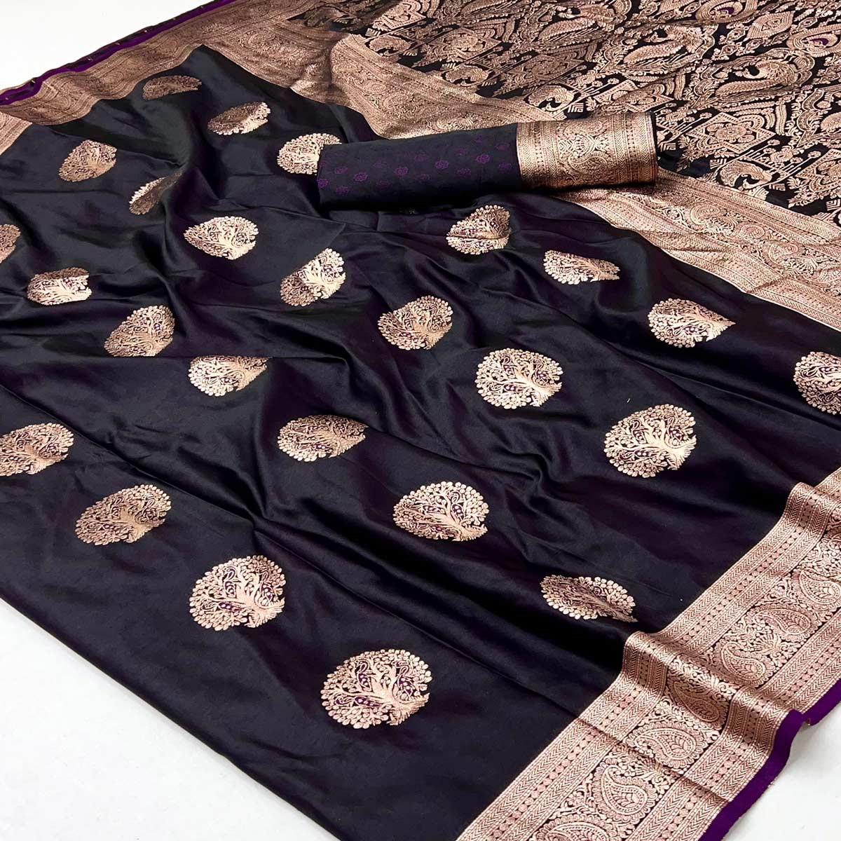 Dark Purple Classic Floral Zari Weaving Satin Silk Saree With Sophisticated Drape