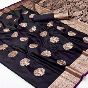Dark Purple Classic Floral Zari Weaving Satin Silk Saree With Sophisticated Drape