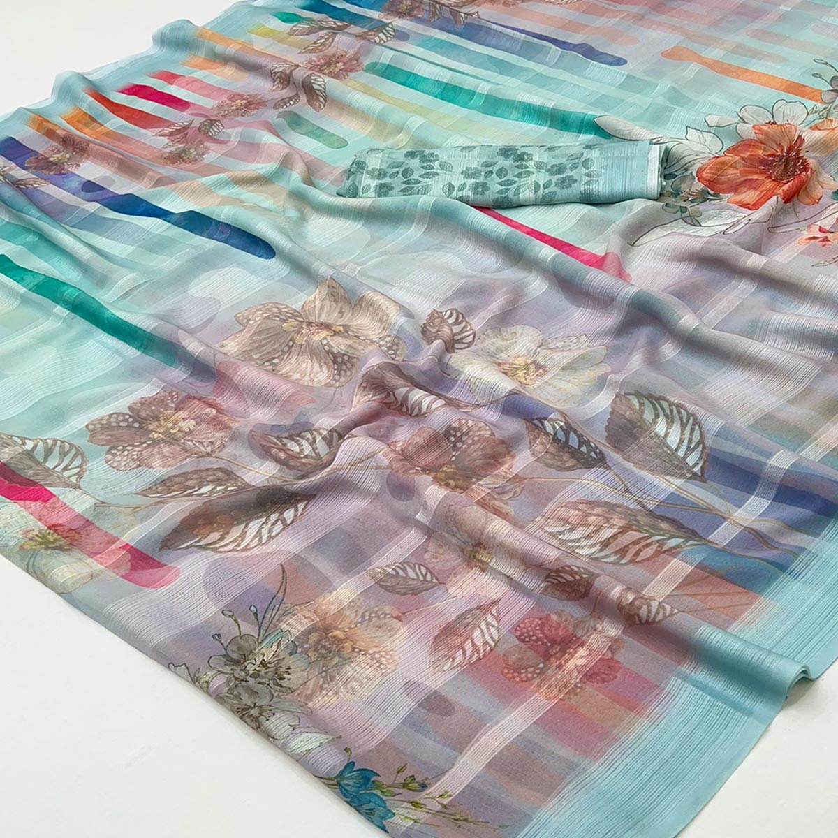 Blue Contemporary Floral Digital Printed Silk Blend Saree With Textured Striped Weaving