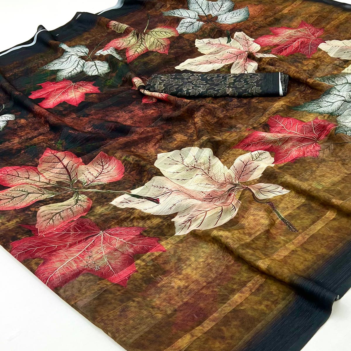 Trendy Brown Leaf Digital Printed Silk Blend Saree With Textured Striped Weaving