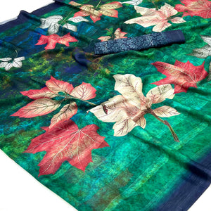 Trendy Acqa Green Leaf Digital Printed Silk Blend Saree With Textured Striped Weaving