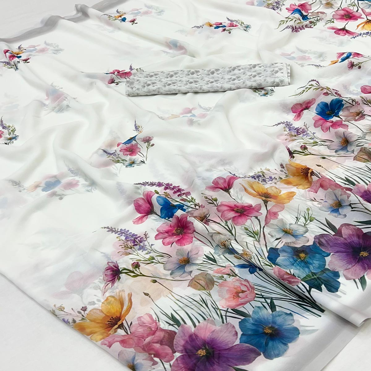 White Floral Digital Print Georgette Saree With Graceful Appeal