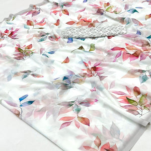 Chic White Floral Printed Georgette Saree For Effortless Elegance