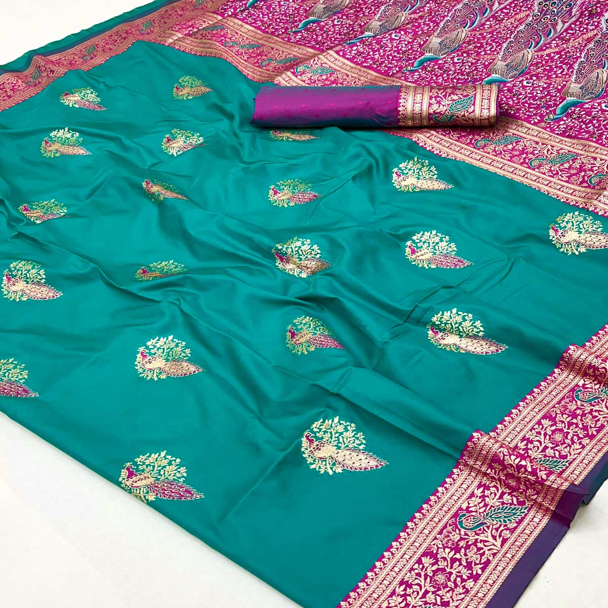 Classic Rama Green Silk Blend Saree With Ornate Peacock & Floral Zari Woven Motifs