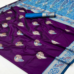 Classic Purple Silk Blend Saree With Ornate Peacock & Floral Zari Woven Motifs