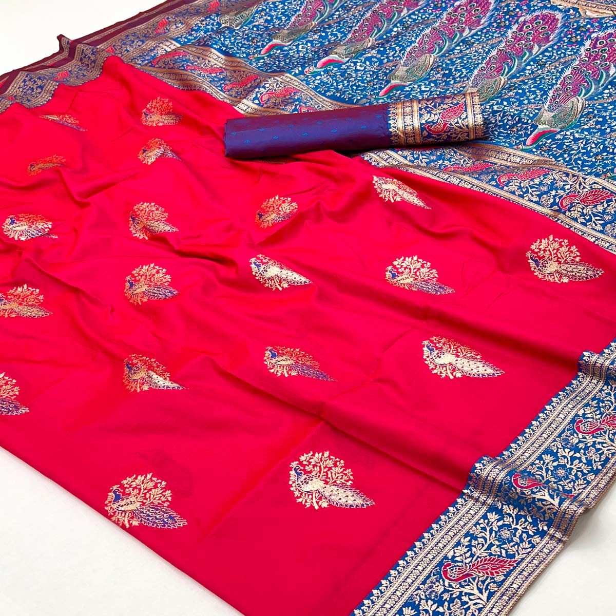 Classic Pink Silk Blend Saree With Ornate Peacock & Floral Zari Woven Motifs