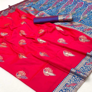 Classic Pink Silk Blend Saree With Ornate Peacock & Floral Zari Woven Motifs