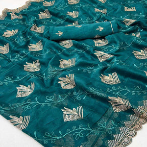 Elegant Teal Georgette Saree Accented With Intricate Floral Thread Embroidery